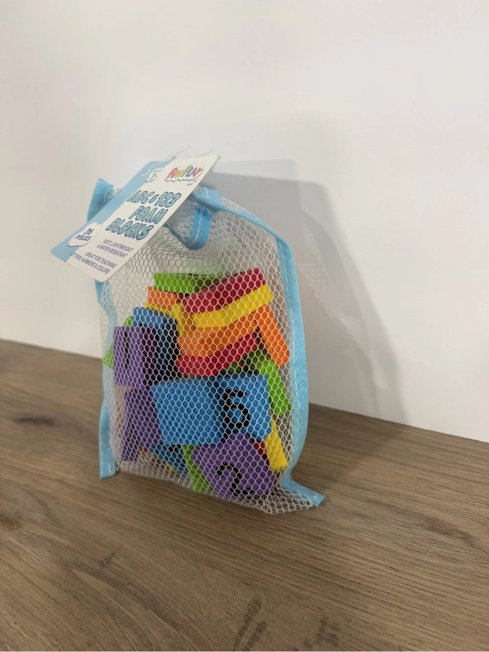 Foam Blocks in a Blue Mesh Bag. ABC & 123 Foam Blocks - Multicolor Learning Set